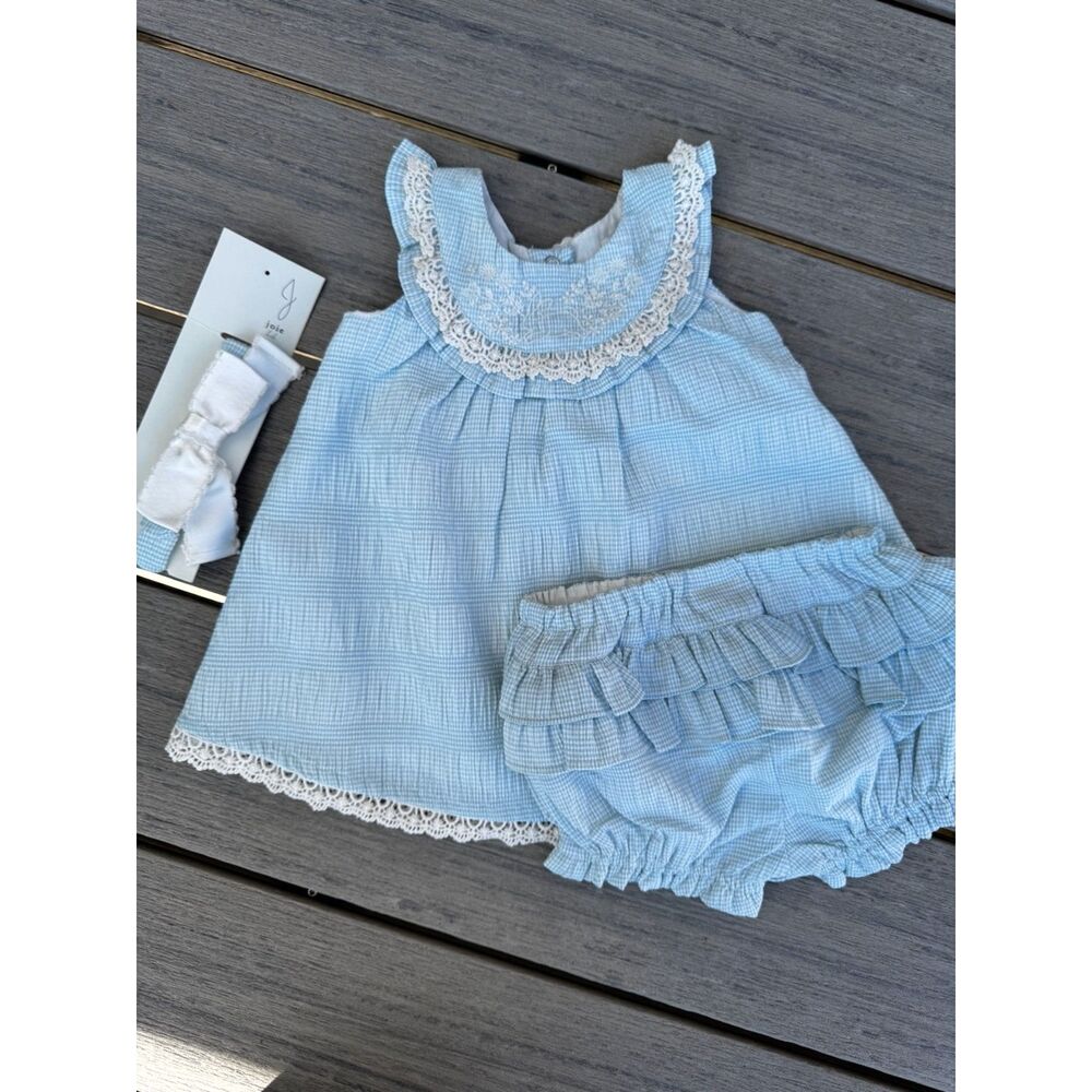 Joie Kids Baby Girl Blue Gingham Seersucker Dress Bloomer Set 3-6M Lace Cottage